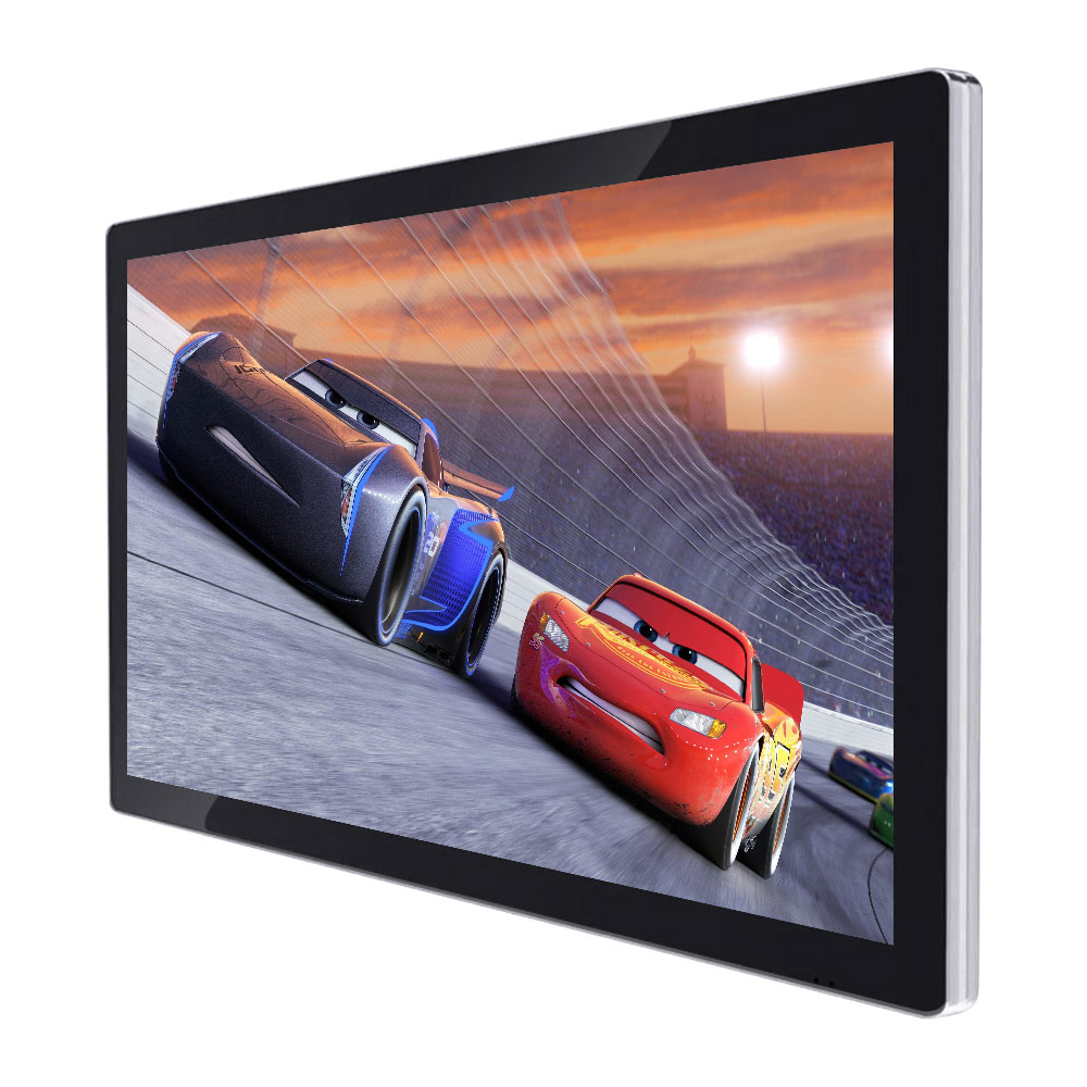 Commercial wall-mounted digital screen shown from an angle