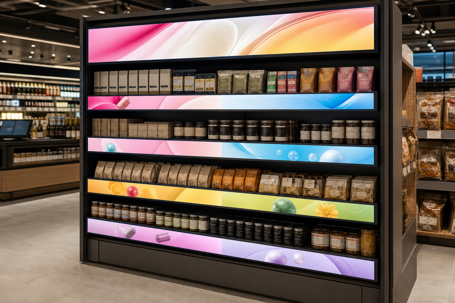 Stretch-bar LCD screens integrated across a premium retail shelving display