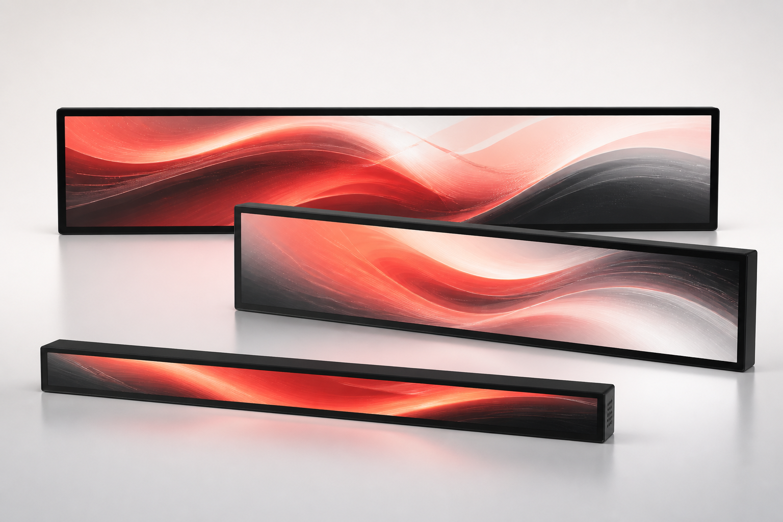 Three commercial stretch-bar LCD screens in different ultra-wide formats
